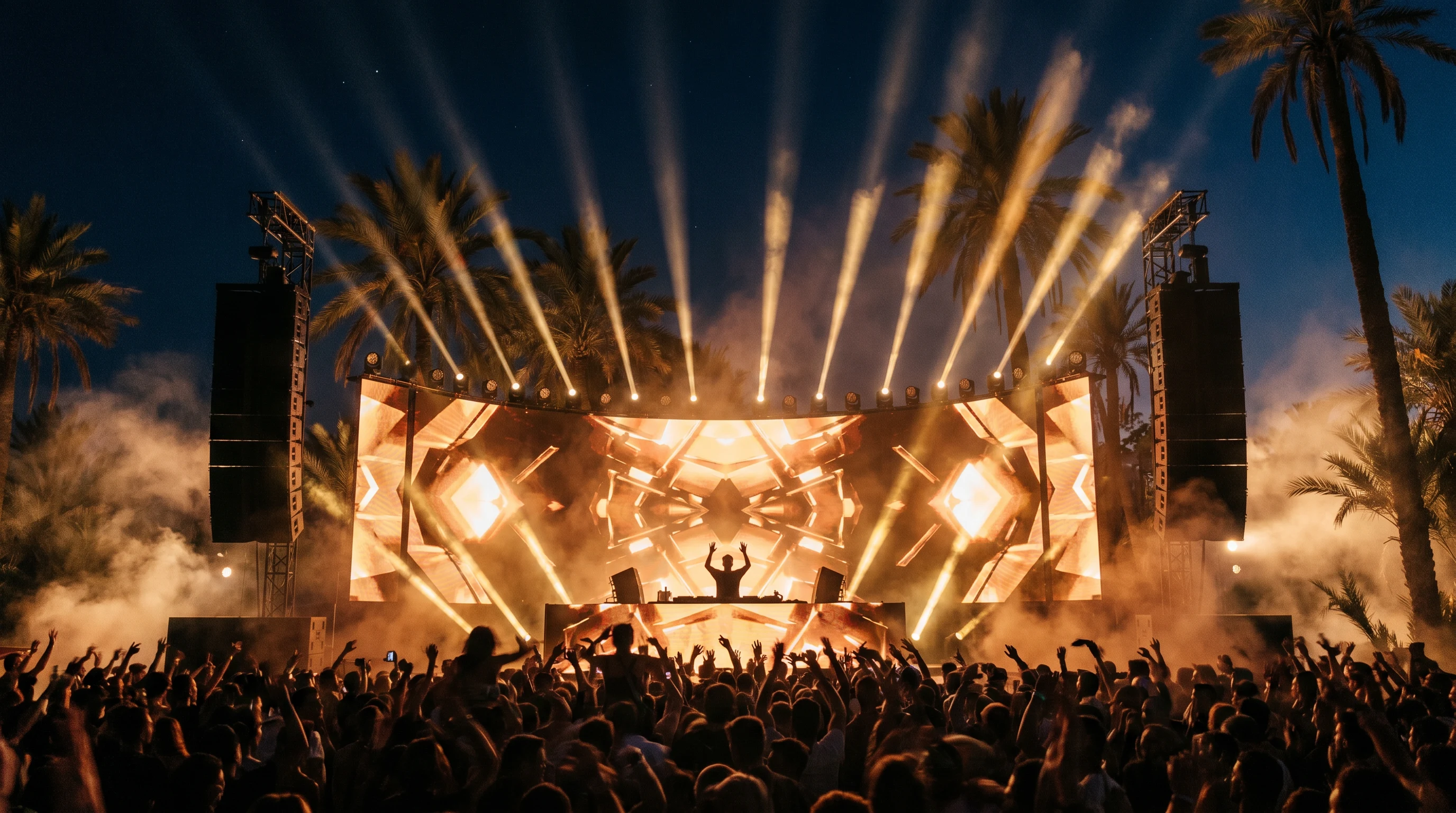 Mainstage Blue Cat en palmeraie de Marrakech, Funktion-One et LED wall au crépuscule