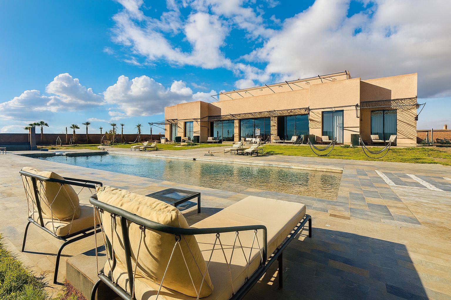 Façade de Dar Sahara avec piscine et ciel cinématique