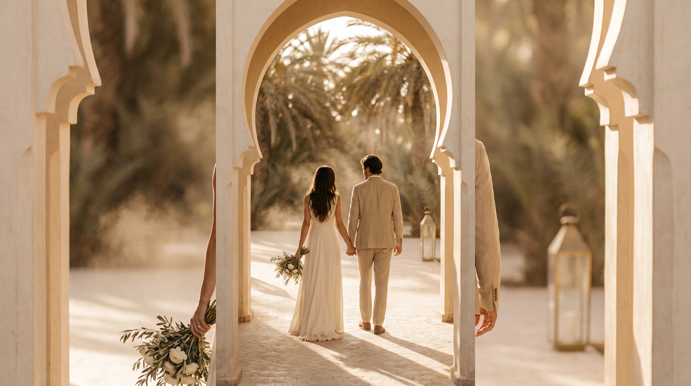 Couple de mariés à Marrakech au crépuscule, bouquet d ivoire et palmes